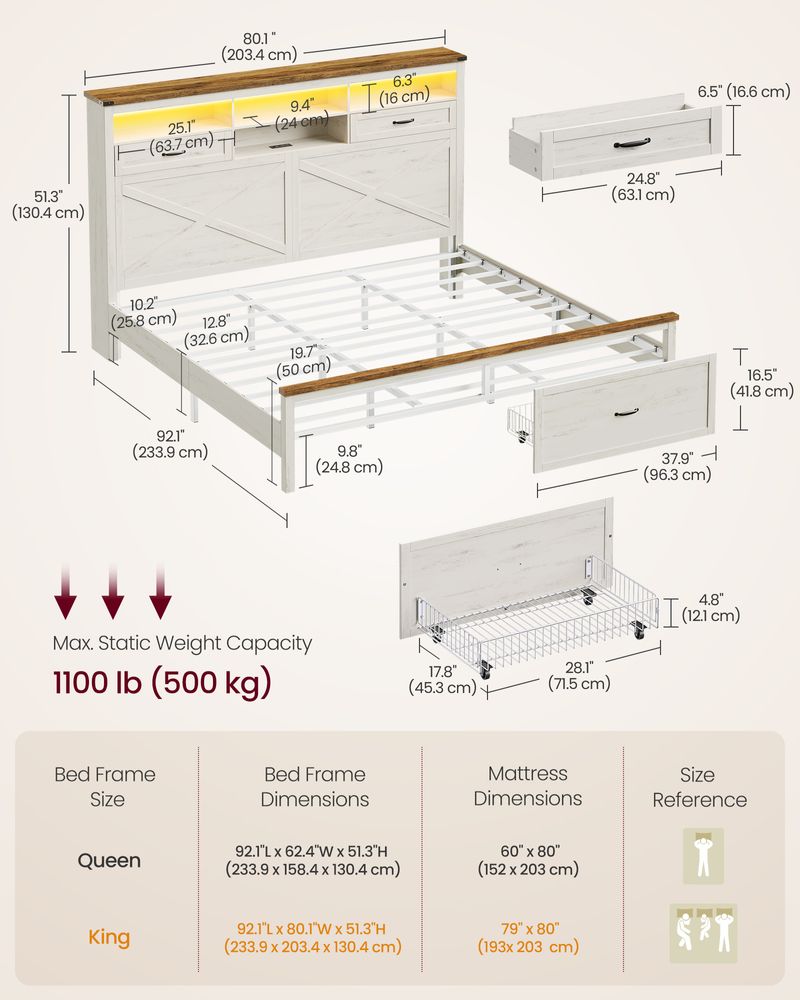 VASAGLE King Bed Frame with Storage Headboard - Thumbnail 2
