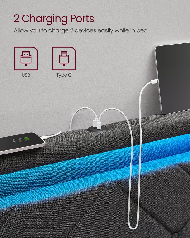 VASAGLE LED Bed Frame Queen Size - Thumbnail 2