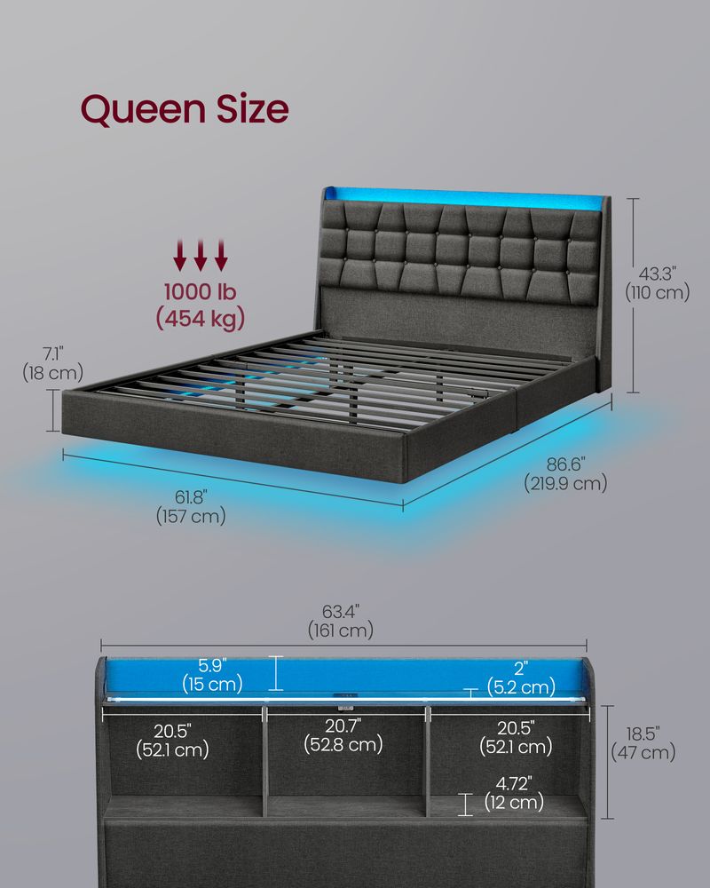 VASAGLE Floating Bed Frame with LED Lights - Thumbnail 5