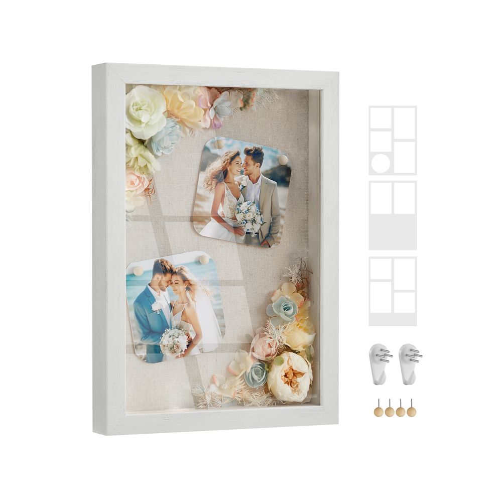 SONGMICS A4 Shadow Box Frame, 1.3-inch Deep Memory Display Case for Desk Wall Decor, Box Picture Photo Frame with 4 Wood Push Pins, 3 Mats, 2
