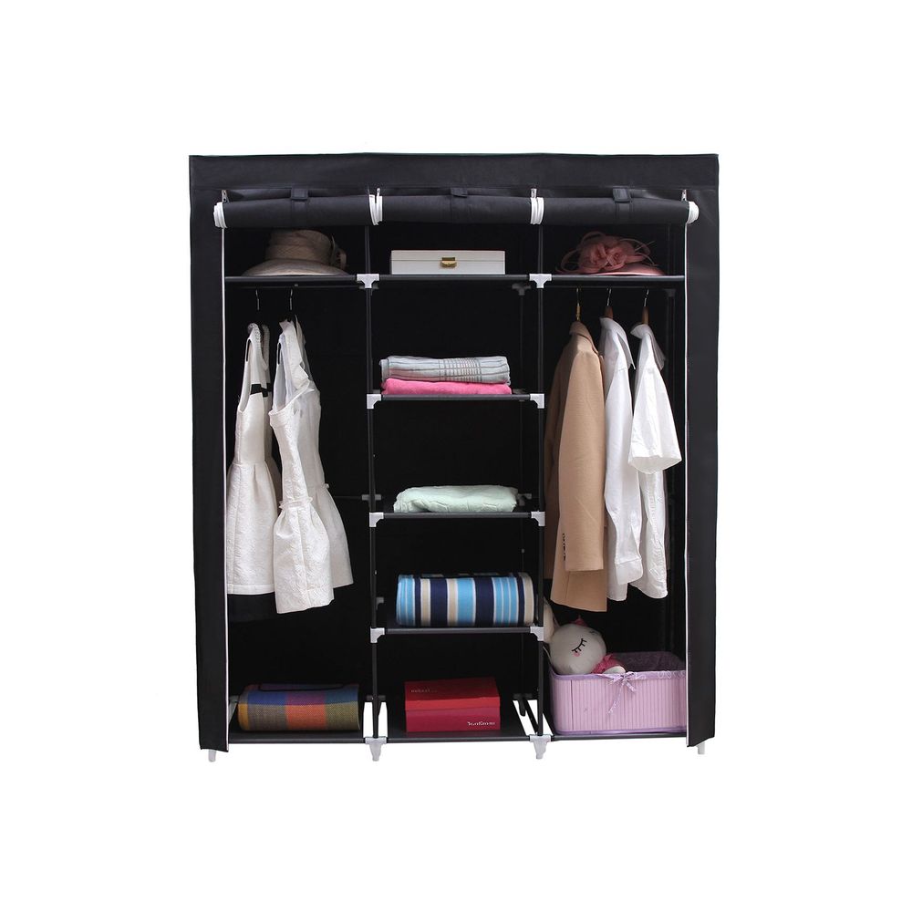 SONGMICS Portable Clothes Closet Non-Woven Fabric Wardrobe Double Rod Storage Organizer Black 59-Inch URYG12H