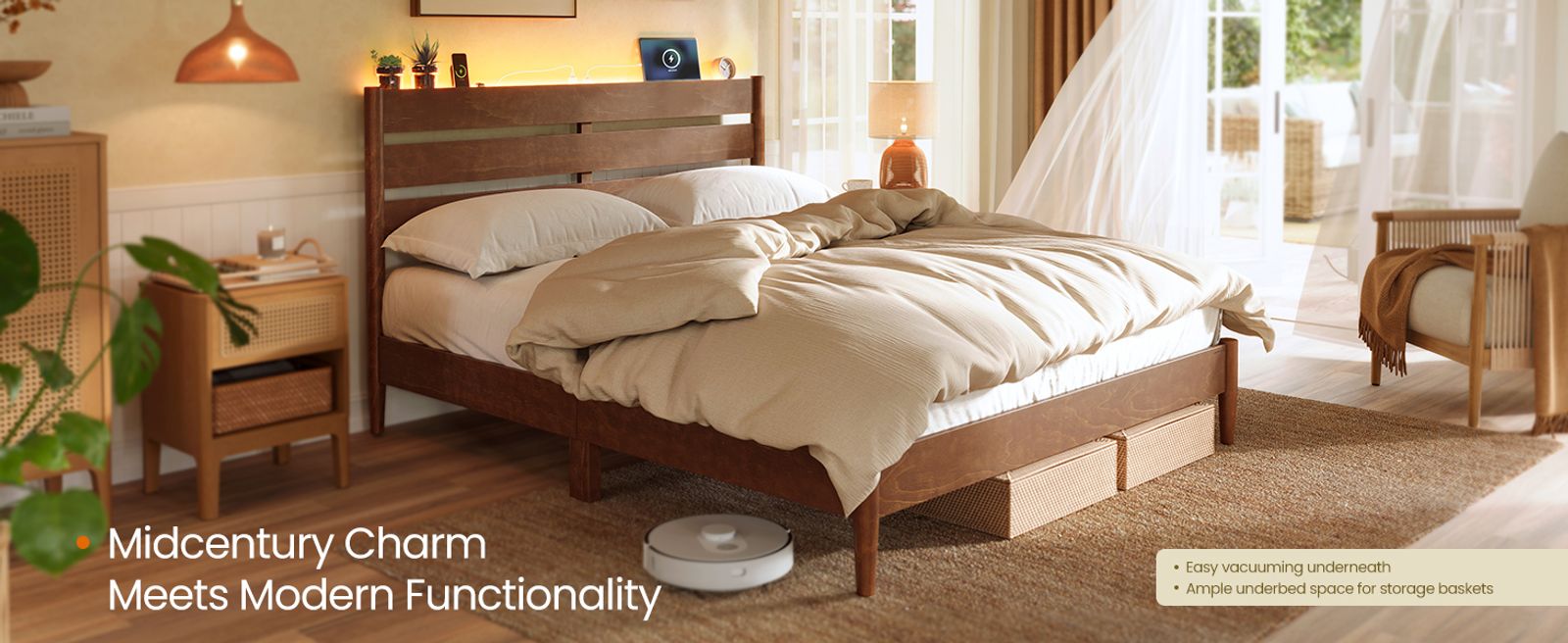 SONG MICS HOME Mid-Century Modern Bed Frame with LED Headboard and Charging Station - Thumbnail 4