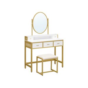 White & Gold Makeup Vanity Set with Oval Mirror