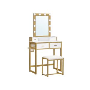 White Small Makeup Table With Lights, Small Cream Vanity Mirror With Lights Desk