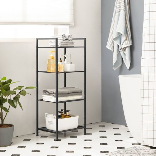 black bathroom shelving unit