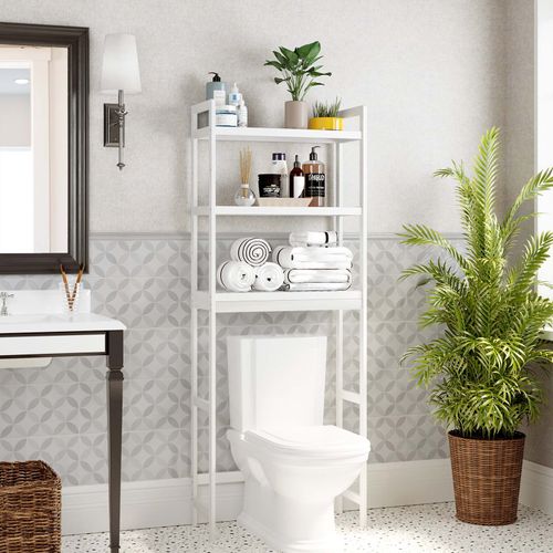 SMIBUY Bathroom Storage Shelf Grey Freestanding Toilet Space Saver with 3-Tier Adjustable Shelves Bamboo Over-The-Toilet Organizer Rack 