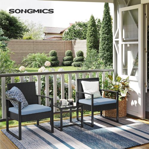 Songmics 3 Piece Patio Set Outdoor Patio Furniture Sets Pe Rattan Outdoor Seating For Bistro Front Porch Balcony Easy To Assemble 2 Chairs And 1 Table Black And Lake Blue Uggf010q01