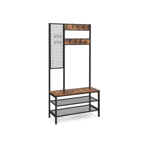 Industrial Coat Rack Shoe Bench with Grid Wall