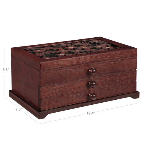 Jewelry Organizer with Lift-Out Tray and 2 Removable Pull-Out Drawers Mahogany Wooden Jewelry Box with Floral Carving Gift for Loved Ones