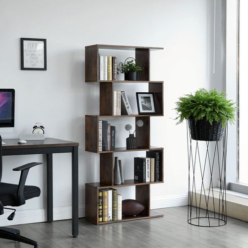 Office Dark Brown Living Room Bonnlo Wooden Bookcase S-Shape Bookshelf 6-Tier Freestanding Shelving Unit Cube Bookcase for Sturdy