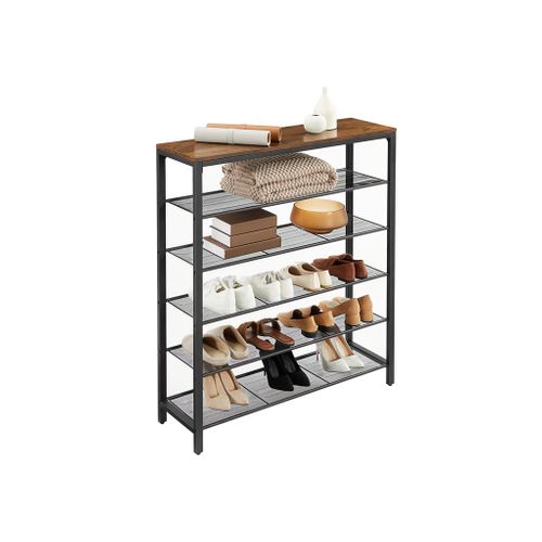VASAGLE INDESTIC Shoe Rack Industrial Shoe Storage Organizer with 5 Mesh Shelves and Large Surface for Bags Steel Frame Rustic Brown and Black ULBS016B01 Shoe Shelf for Entryway Hallway Closet