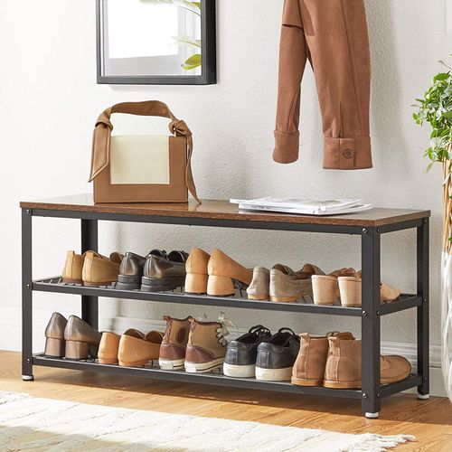 Living Room Steel Frame Accent Furniture VASAGLE Shoe Bench Storage Shelves with Seat for Entryway Industrial Design, Honey Brown and Black ULBS073B05 Hallway 3-Tier Shoe Rack