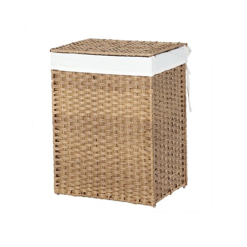 Bathroom Handles Rattan-Style Laundry Hamper with 3 Separate Compartments SONGMICS Handwoven Laundry Basket with Lid Removable Liner Bags Natural LCB083N01 Laundry Room for Living Room 