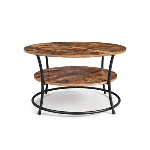 Industrial Rustic Brown Round Coffee Table with Shelf
