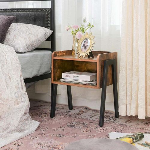 Metal Frame Industrial Accent Furniture Side Table for Small Spaces Set of 2 Stackable End Table Nightstand Rustic Brown