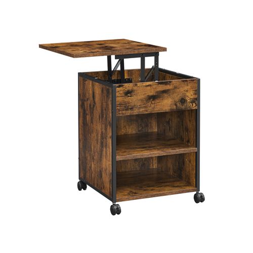 Nightstand On Wheels With Lifting Top, Industrial Wagon Style Small Rustic End Table With Storage Shelf And Wheels
