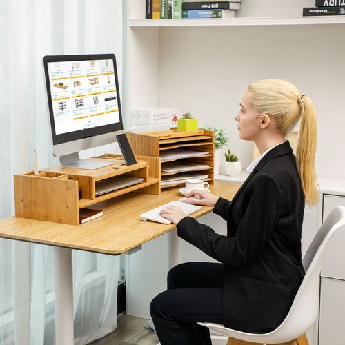 Home from Work LLD211WT SONGMICS Natural Bamboo Monitor Stand Riser Desk Organizer with Storage Slots for Laptop TV