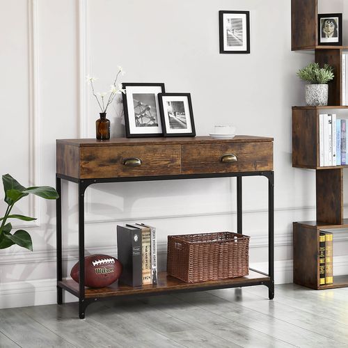 Industrial Console Table With Drawers, Industrial Sofa Table With Storage