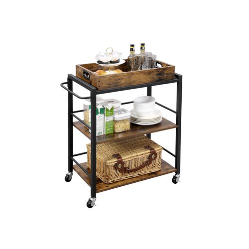 Universal Casters with Brakes Leveling Feet VASAGLE ALINRU Kitchen Serving Cart with Removable Tray 3-Tier Kitchen Utility Cart on Wheels with Storage Rustic Brown ULRC72X