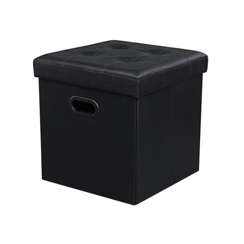 Folding Storage Ottoman Static Load 660 lb Black 15 x 15 x 15 Inches Faux Leather Cube Footrest
