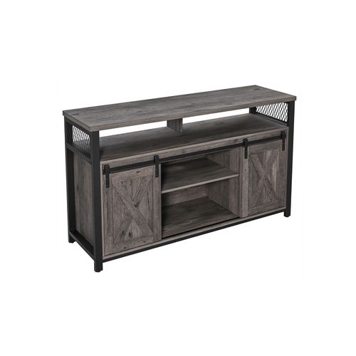 Wood Media Console with 3 Drawers & 2 Shutter Door Cabinets Entertainment Center with Cable Holes & 2-tier Open Shelf TV Console Table for Living Room Grey Tangkula TV Stand for TVs up to 55 Inch 