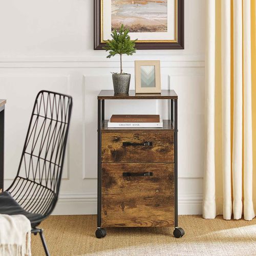 VASAGLE File Cabinet with 2 Drawers Stable Steel Frame Open Compartment Rolling Office Filing Cabinet with Wheels Industrial Style Rustic Brown and Black OFC71X 