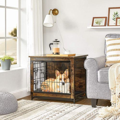 Dog Furniture with Removable Tray Rustic Brown and Black UPFC001X01 Indoor Pet Crate End Table FEANDREA Wooden Dog Crate 
