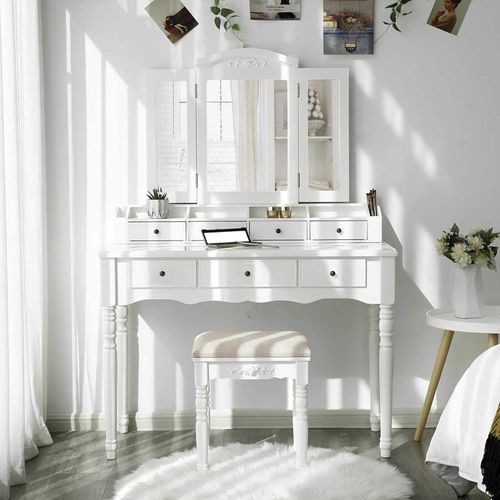 White Makeup Vanity Set With Folded, White Vanity Set For Bedroom