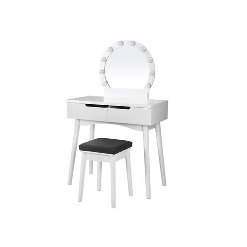 Makeup Vanity Table Set w/Round Mirror & 2 Latge Drawers Dressing Table White/BK 