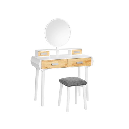 White Makeup Table Set with Round Mirror