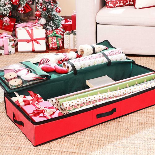 SONGMICS Underbed Storage Bag or Above Wardrobe Christmas Storage Box with Divider and Pocket 102 x 40 x 15 cm Green and Red RXU001R01 Foldable Wardrobe Organiser with Lid and Dustproof Zipper 