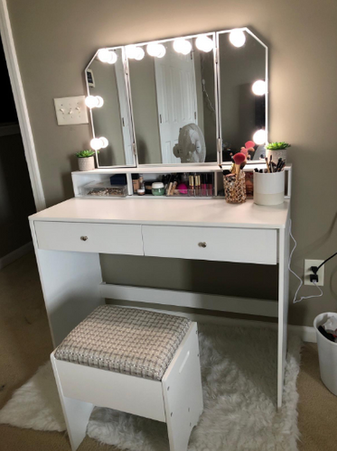 White Makeup Vanity Set with Foldable Mirror | Home Furniture | VASAGLE
