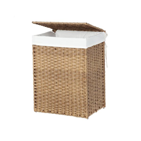 Synthetic Rattan Clothes Hamper with Lid and Handles SONGMICS Handwoven Laundry Basket Removable Liner Bag Foldable Brown ULCB51BR