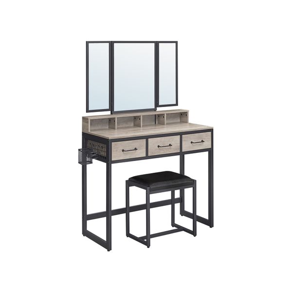 Gray Makeup Table With Tri Fold Mirror, Tri Fold Vanity Mirror Desk