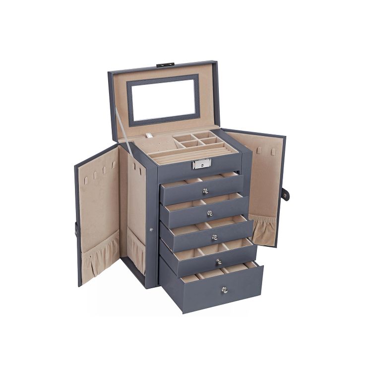 Grey Jewelry Storage Box with 6 Drawers