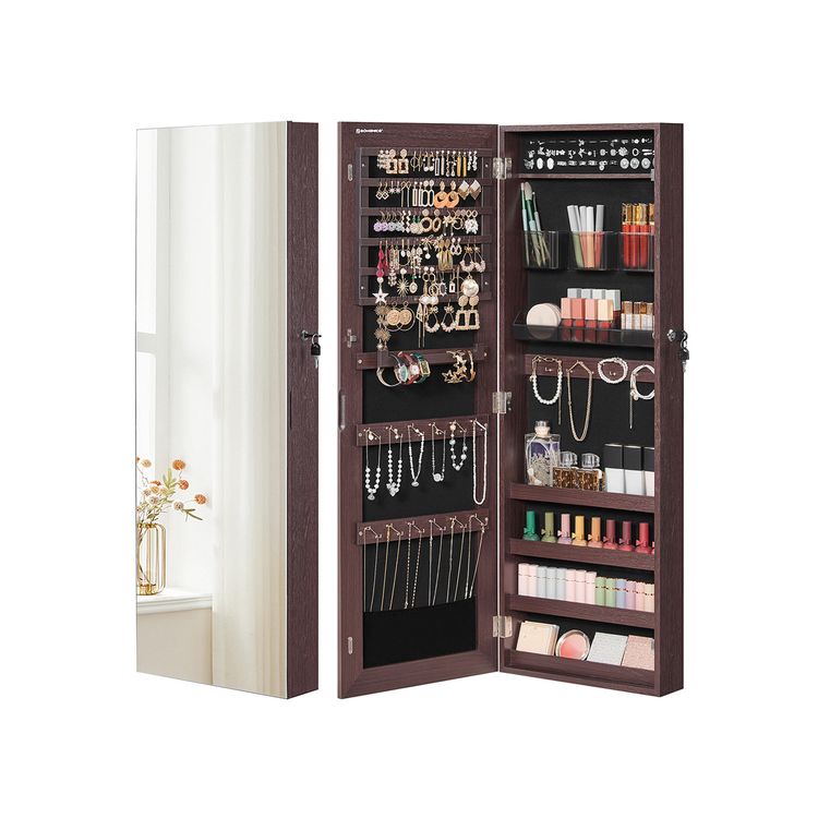 SONGMICS Mirror Jewelry Armoire, Lockable WallMounted Storage Organizer Unit with 2