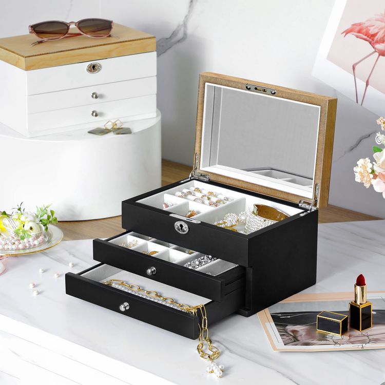 SONGMICS 3-Tier Jewelry Box, Wooden Jewelry Organizer, Jewelry Storage ...