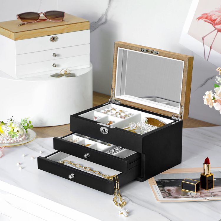 SONGMICS 3Tier Jewelry Box, Wooden Jewelry Organizer, Jewelry Storage