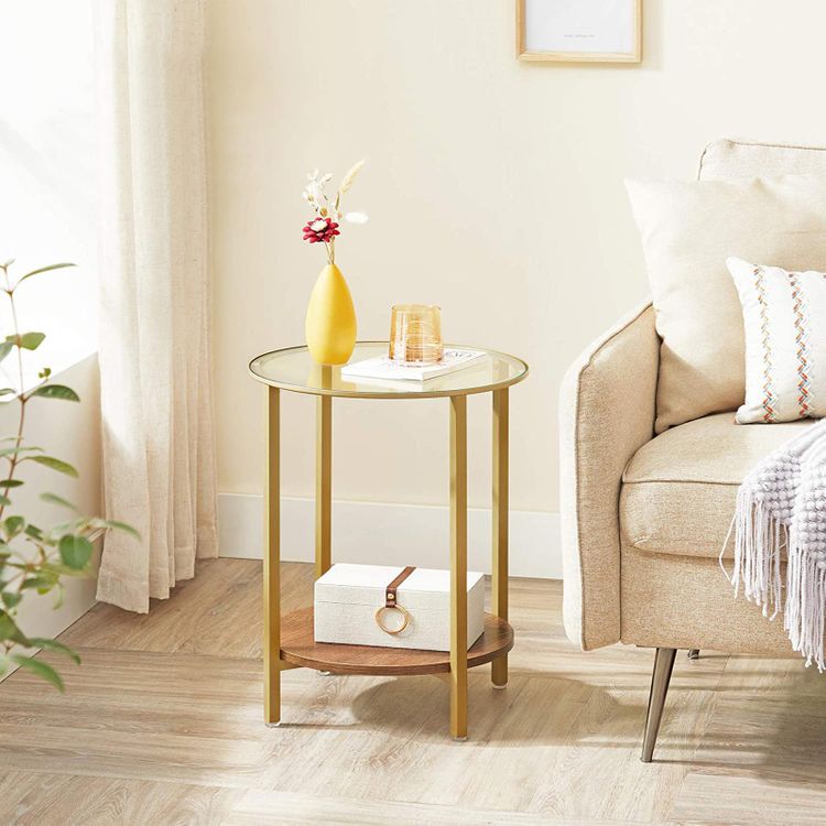 VASAGLE Round Side Table, Glass End Table with Metal Frame, 2Tier