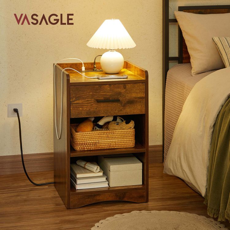 Rustic Brown Wooden Side Table with Drawer VASAGLE