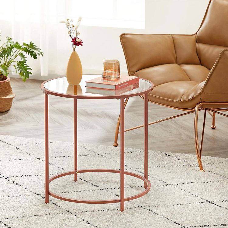 VASAGLE Round Side Table, Glass End Table with Metal Frame, Small