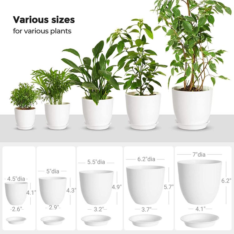 SONGMICS Plastic Plant Pots, Set of 5 Plastic Planters, 7/6.2/5.5/5/4.5