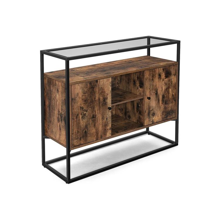 Rustic Brown & Black Industrial Cabinet with Glass Top
