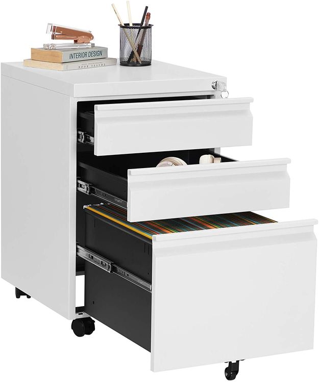 White Mobile Under Desk File Cabinet with Lock | Home Office | SONGMICS