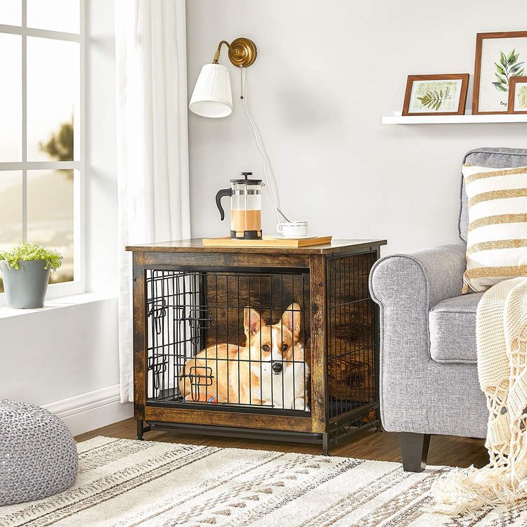 Brown & Black Wooden Dog Crate with Removable Tray FEANDREA
