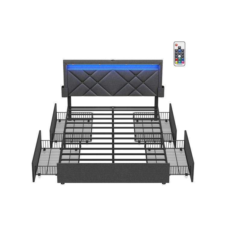 LED Bed Frame Full Size with Headboard and 4 Drawers VASAGLE