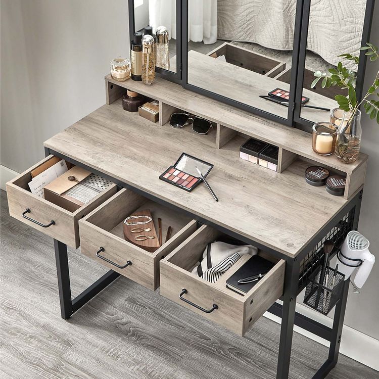 Gray Makeup Table with TriFold Mirror Home Furniture VASAGLE by