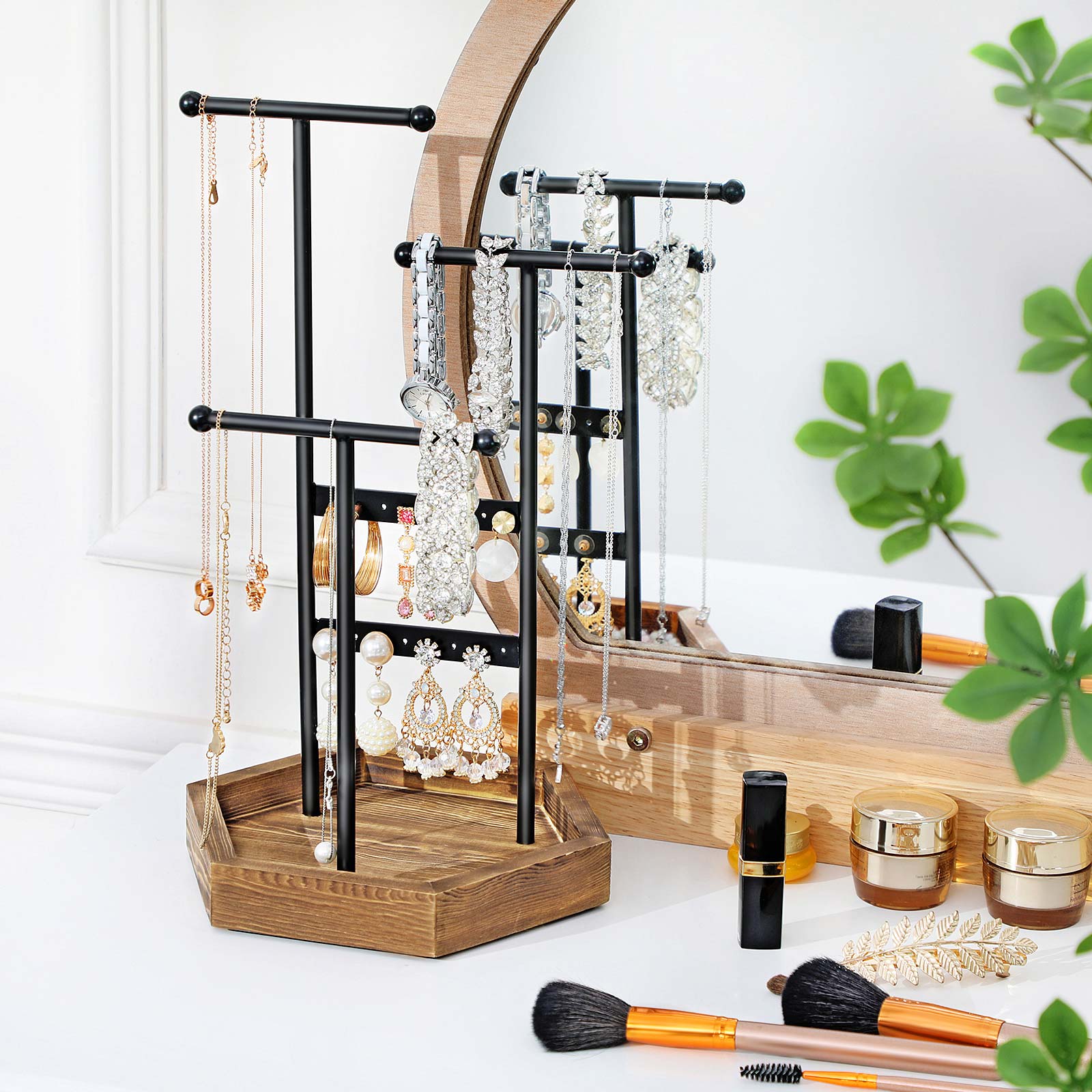 SONGMICS Jewelry Display Stand Holder, Metal and Wood Jewelry Tree, for