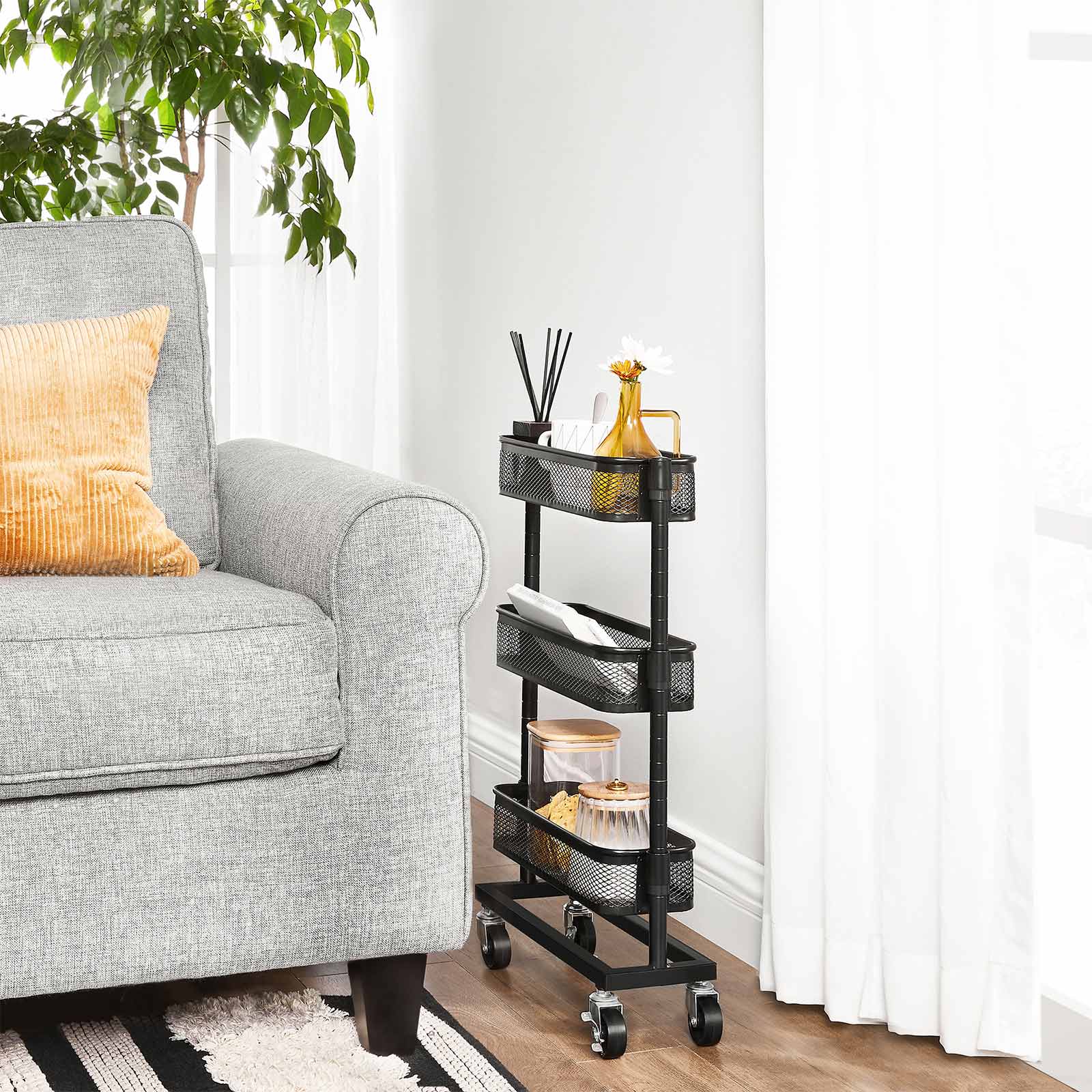 SONGMICS Slim Storage Cart, SlideOut Trolley, 3Tier Rolling Cart with