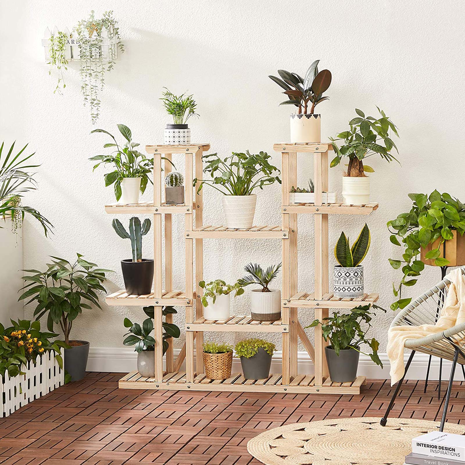 SONGMICS Plant Stand, Tall Solid Wood Plant Holder Rack with 17 Spots